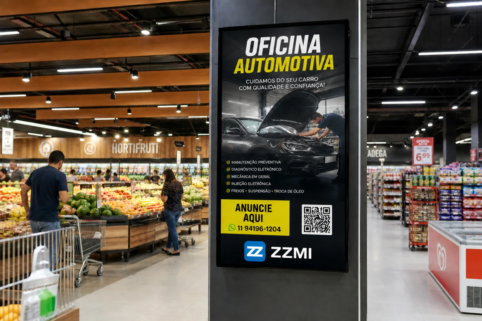 TV ZZMI vertical em mercado exibindo anúncio de oficina automotiva com QR Code