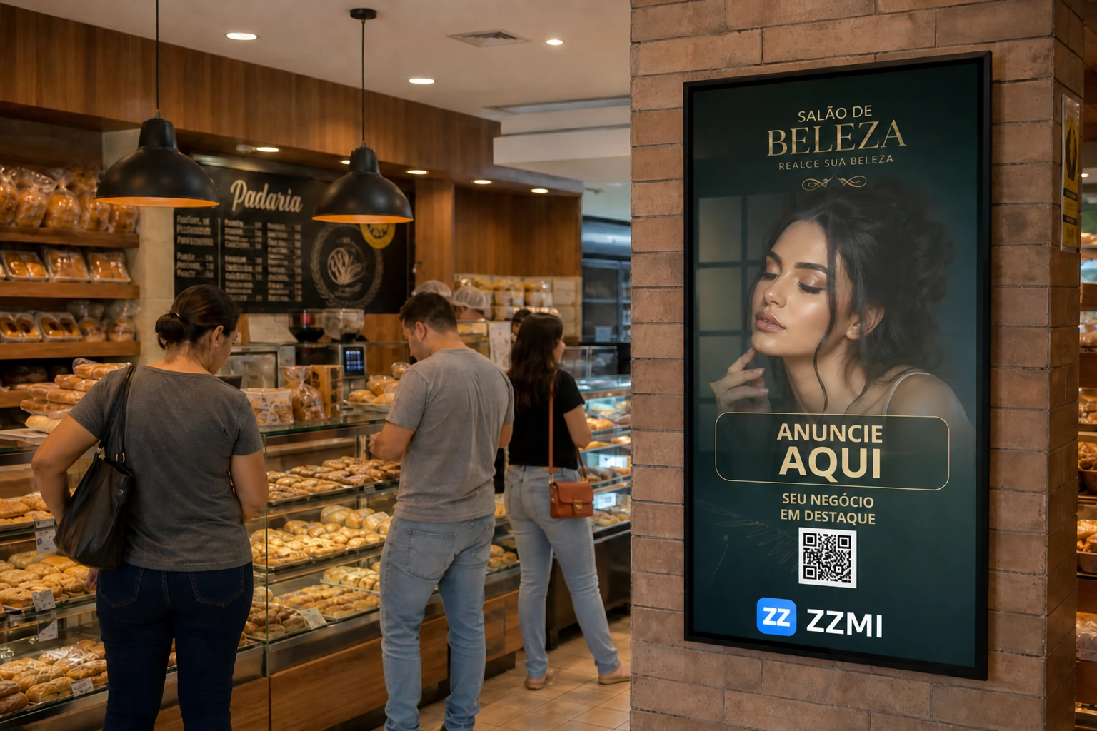 TV ZZMI vertical em padaria exibindo anúncio de salão de beleza com QR Code
