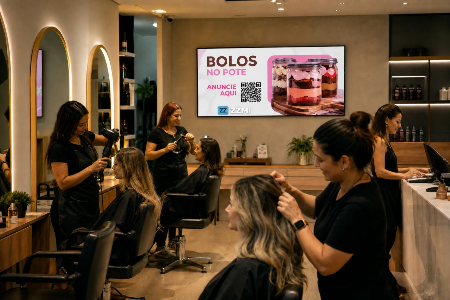 TV ZZMI horizontal em salão de beleza exibindo anúncio de Bolos no Pote com QR Code